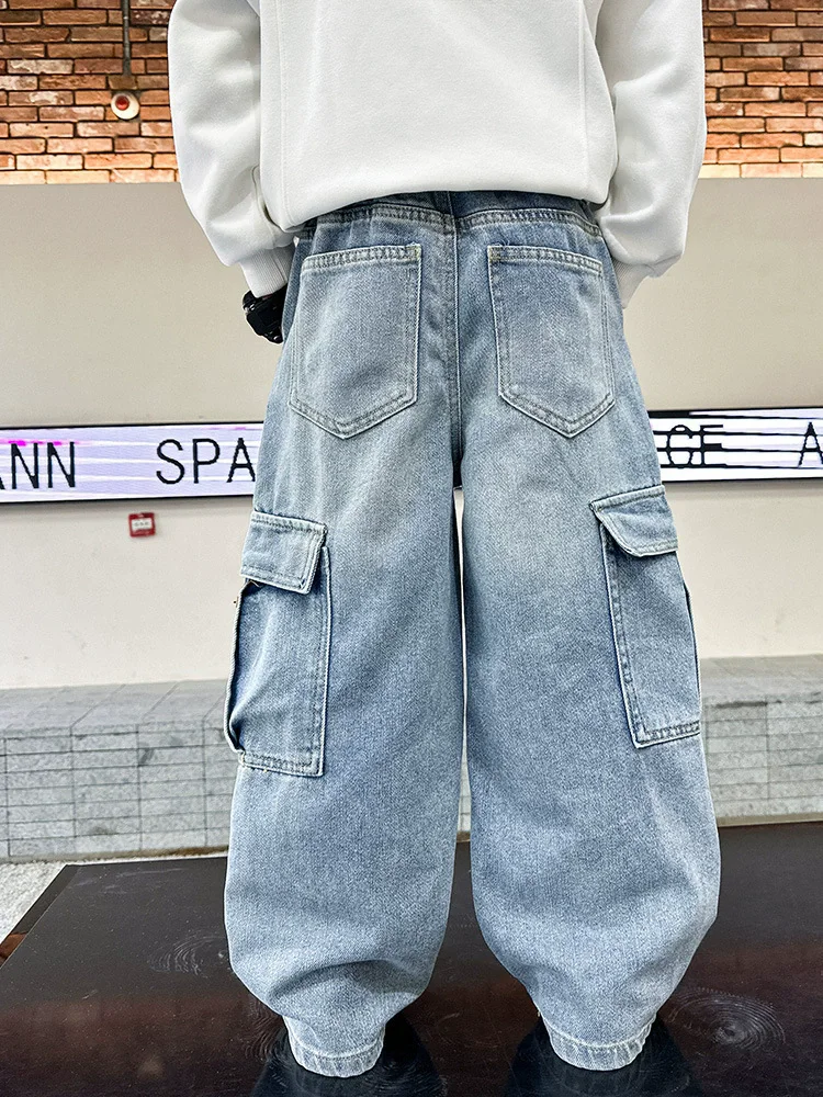 Teen Boys Straight Leg Cargo Jeans New Spring/Autumn Kids Wide