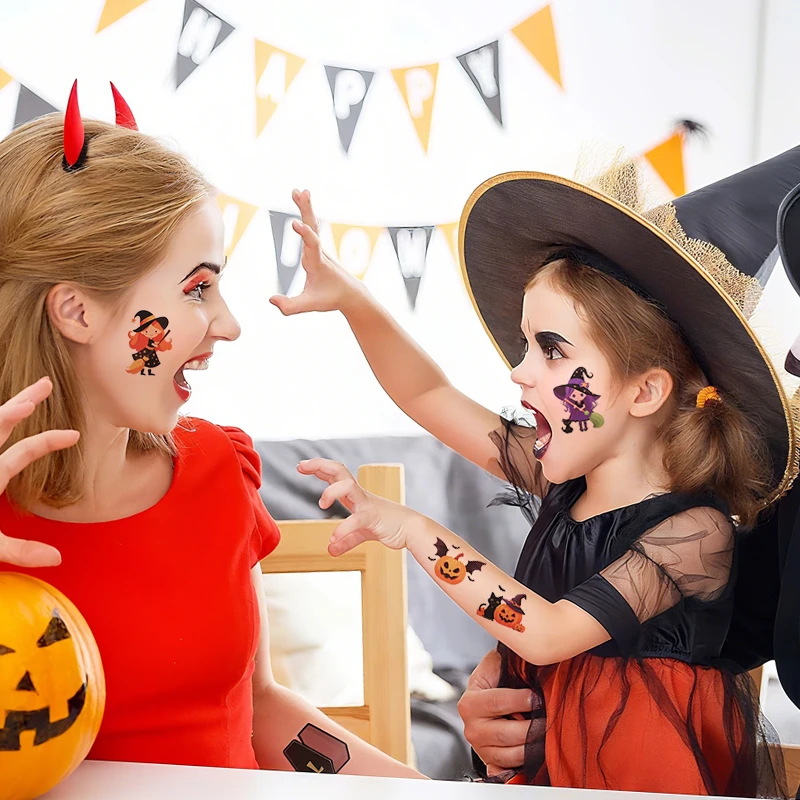 10pcs Halloween Tattoo Stickers Cartoon Pumpkin Ghost Bat Spider Temporary Sticker Kids Birthday Party Favors Boy Girl Gifts