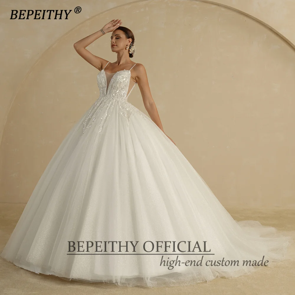 BEPEITHY Customized Luxury Wedding Dresses For Women Spaghetti Straps V Neck Court Train Glitter Bride Beading Bridal Ball Gown 6