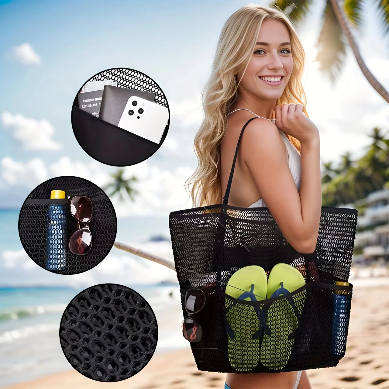 Borsa tote da spiaggia da donna di grande capacità: borsa a tracolla in tessuto di poliestere resistente con parte superiore aperta per viaggi, shopping - immagine 4