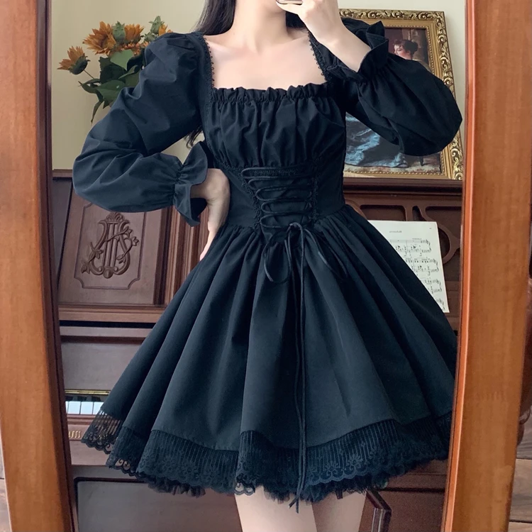 Japanese Spring Fall Women Black Mini Dress Square Collar
