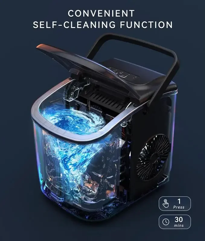 ecozy Portable Countertop Ice Maker Machine, 9 Ice Cubes in 6 Minutes, with Bags, Scoop, and Basket for Kitchen