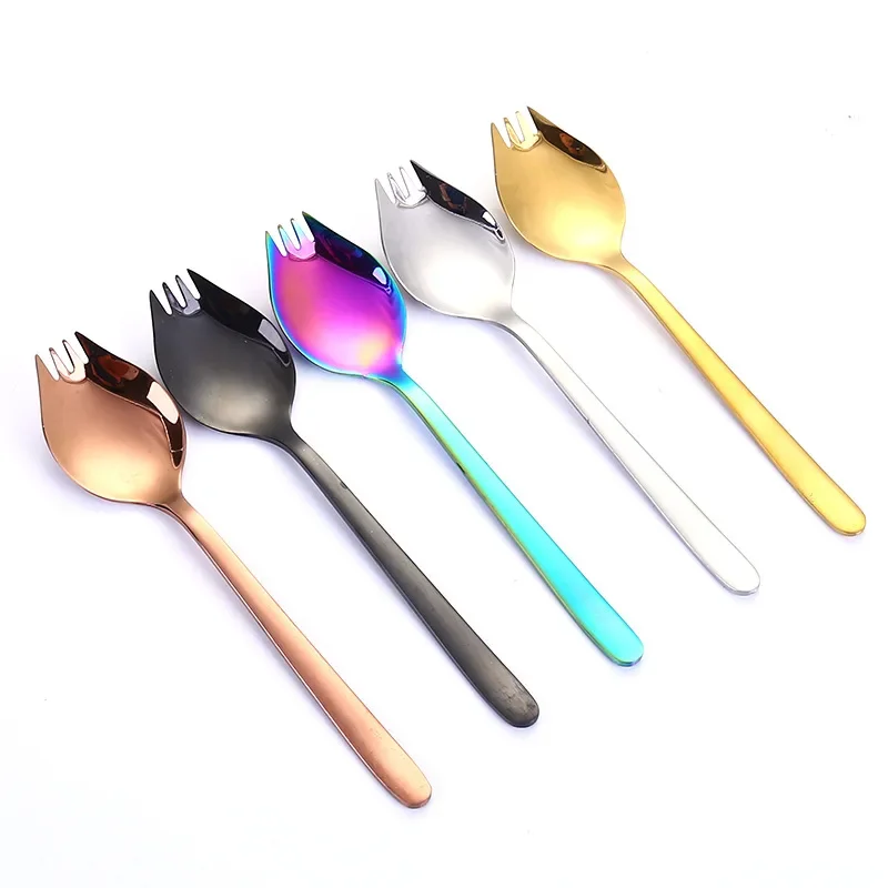 Fruit Fork Spoon Stainless Steel Ice Cream Salad Dessert Tableware Cake Snack Salad Fork Spoon 2 In 1 Colorful Bento Accessories Cutlery Set Stainless Steel Cutlery Set