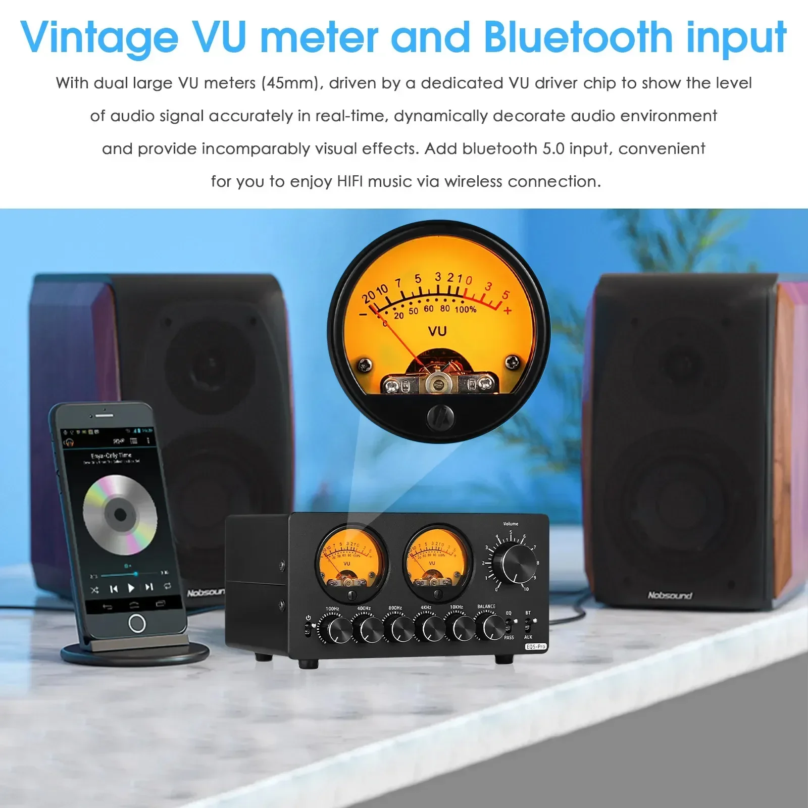 Bluetooth Audio Processor EQ5 PRO 5-Band Preamp EQ Equalizer 3.5mm AUX Analog for Speaker/Amplifier with VU Meter