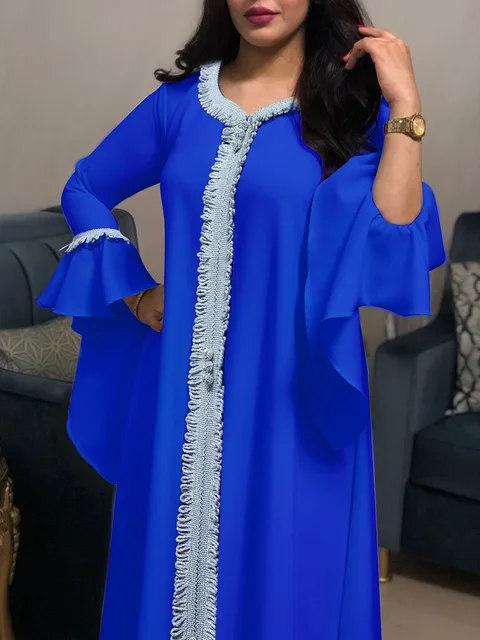 Eid Mubarak Kaftan Dubai Abaya Turkey Muslim Ruffle Sleeve V Neck Gold Tape Long Dress