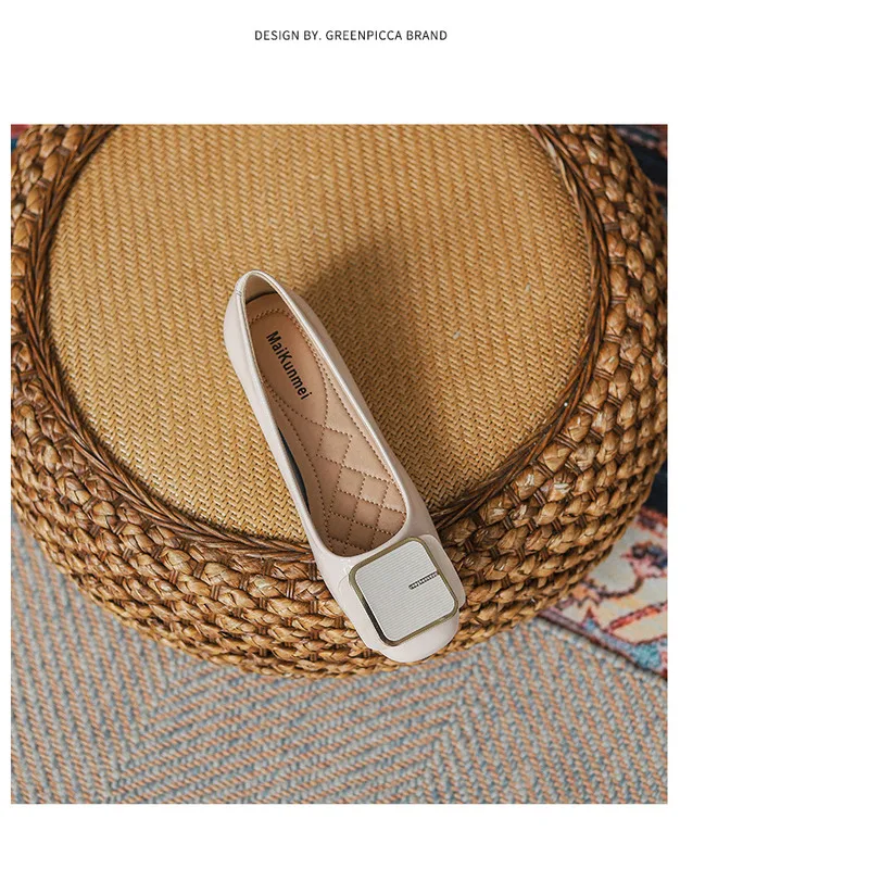 French Style Women's Flat Shoes Leather Square Toe Low Block Heel_voghion.com