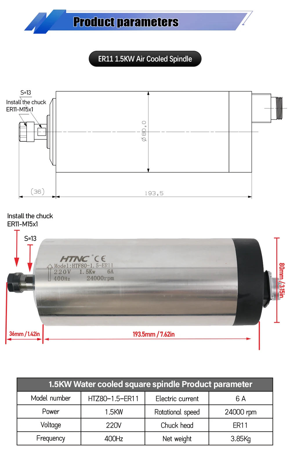 2026 New 1500w Spindle Motor For wood aluminium soft metal ER16 400hz 24000rpm 1