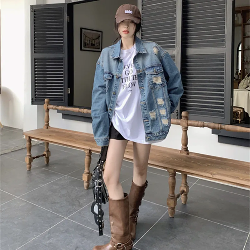 

Women's Jacket Spring 2023 New Fashion Loose Fit Make Old By Breaking Holes Long-sleeved Lapel Coat Free Shipping