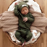 Newborn Baby Boy Clothing Outfits Solid Color Ribbed Long Sleeve Romper Jumpsuit with Hat for Infant Toddler Fall Clothes 1