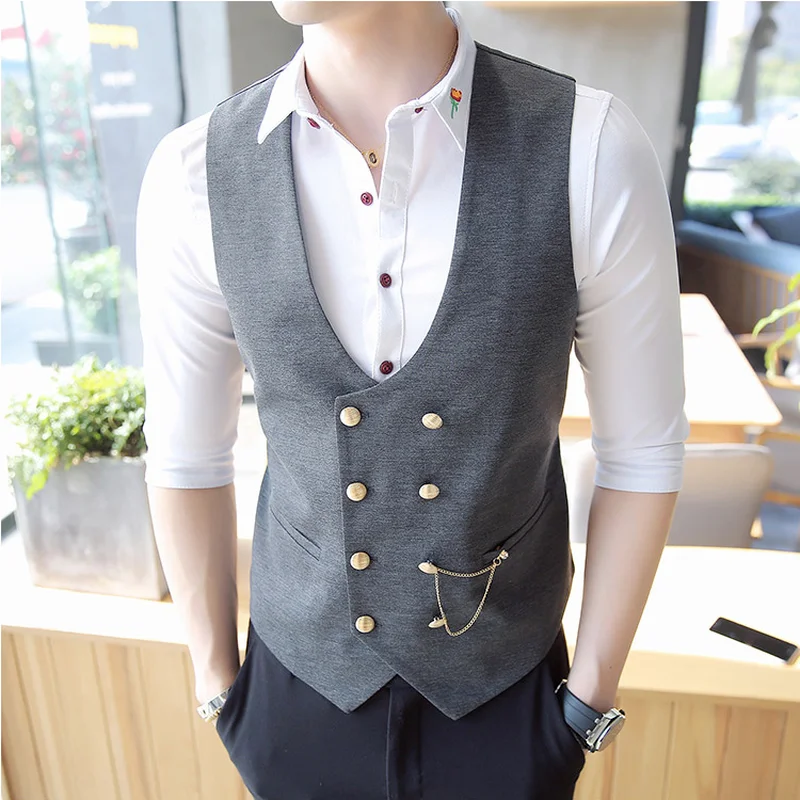 Dress Vests Men's Double Breasted Vest Spring Slim Sleeveless Formal Suit Vest Gray Black Fashion Business Casual