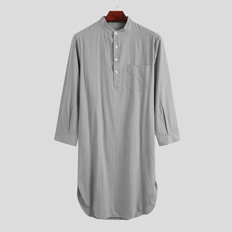 Men's Cotton Button-down Sleep Robe Solid Color Stand Neck Long Sleeve Nightgown Fashion Comfortable Home Wear Loose Bathrobe cotton bathrobe
