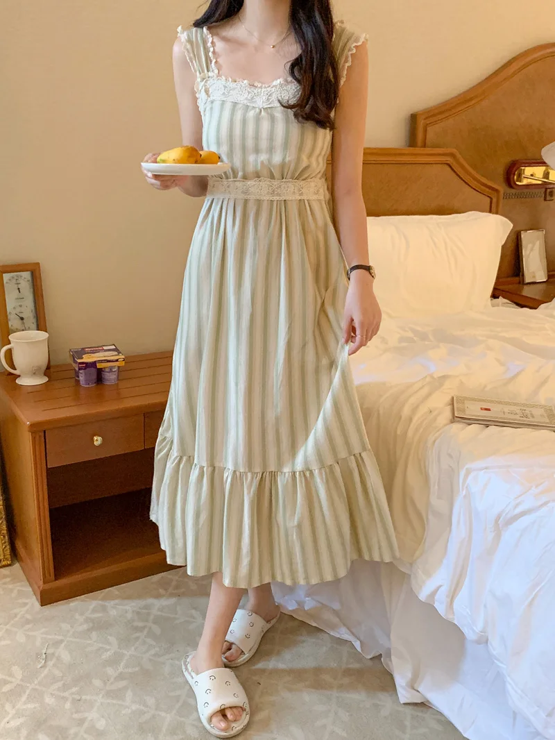 Lace Crochet Summer Nightgown Women Strapless Slash Neck Long Night Dress High Waist Elegant Backless Striped Sleepwear Cotton