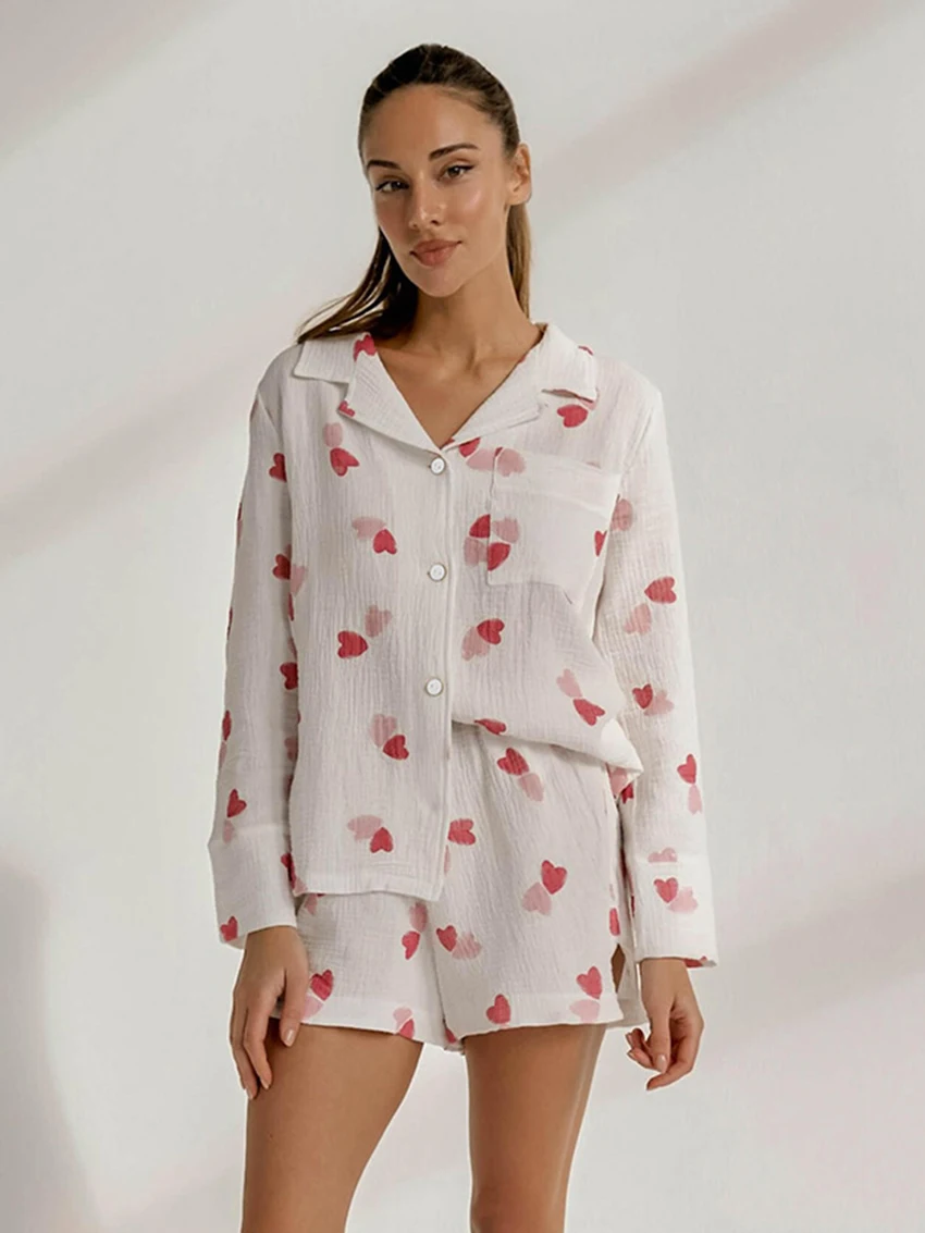 

Marthaqiqi Printing Ladies Nightgown Suit Long Sleeve Nightwear Sexy Turn-Down Collar Sleepwear Shorts Casual Pajama 2 Piece Set