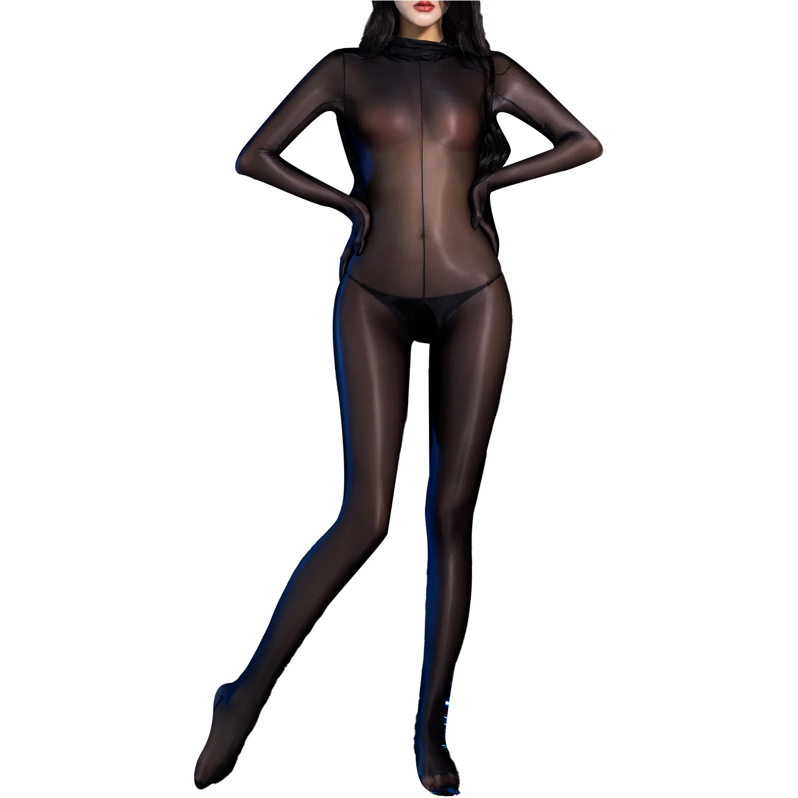 

Womens Turtleneck Sheer Bodysuit Glossy See-Through Bodystocking Crotchless Close-Fitting Jumpsuit Catsuit Lingerie Nightwear