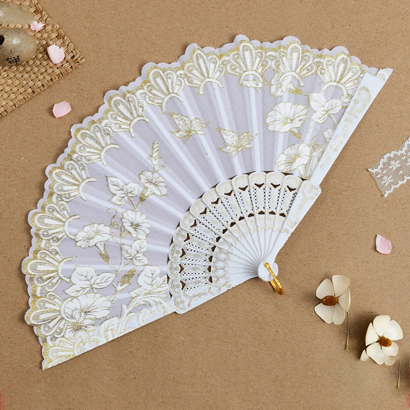 Chinese Style Folding Fan Vintage Portable Hand Held Fan Plastic Flower Printed Female Dance Art Props Decoration