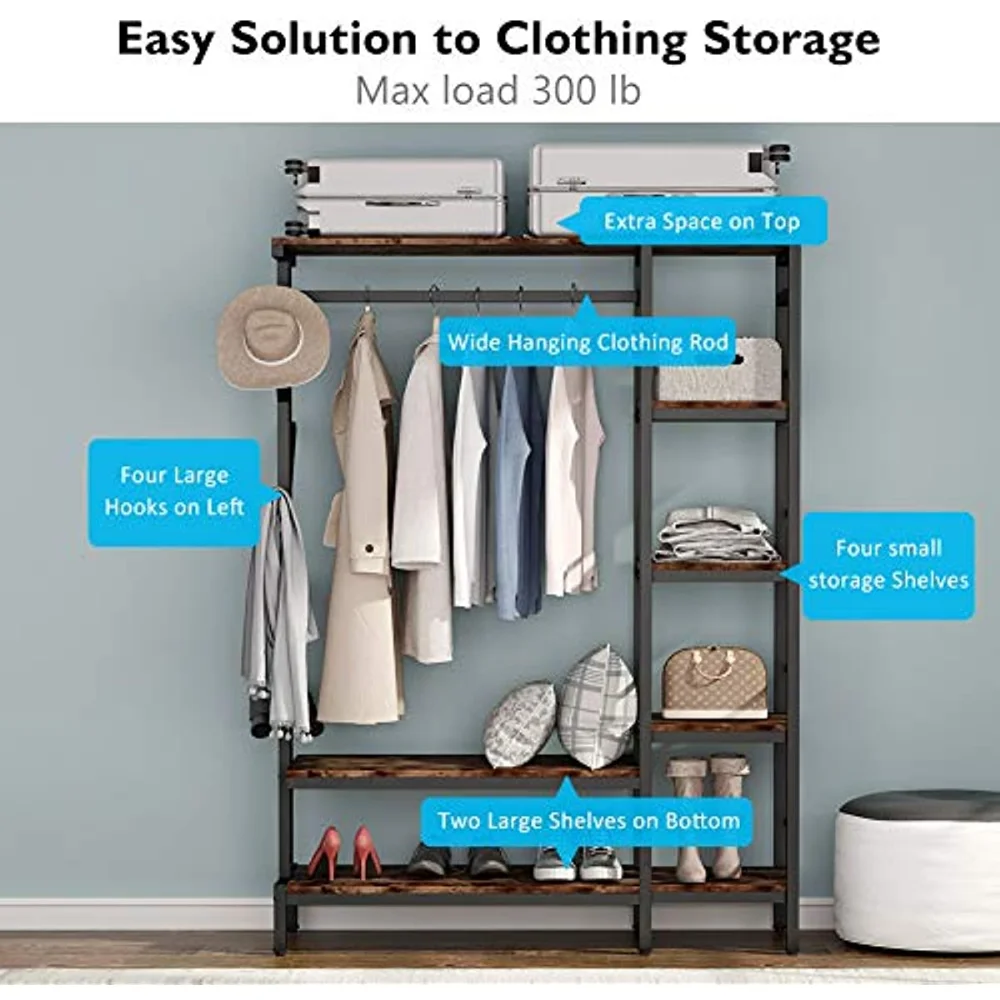 Large Closet Organizer with Hooks Heavy Duty Garment Rack w/  Shelves&Hanging Rod