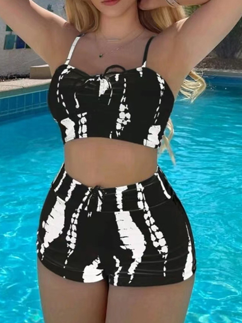 Drawstring Front Shorts Bikinis 2024 High Waist Swimsuit Women Swimwear Female Bathers Bathing Swimming Swim Suit Beachwear - Black-691, L