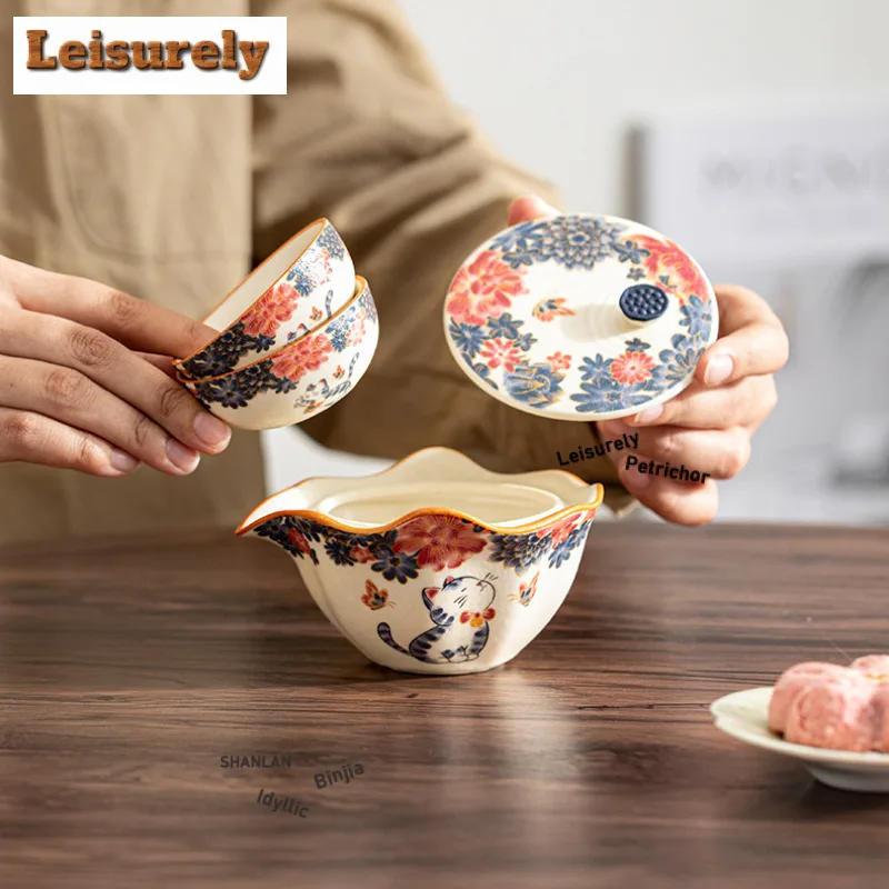 Mineral Rocks White Little Cat Travel Tea Set Kit Traditional 1 Pot 3 Cups Tea Making Organizer Portable Picnic Handbag Craft