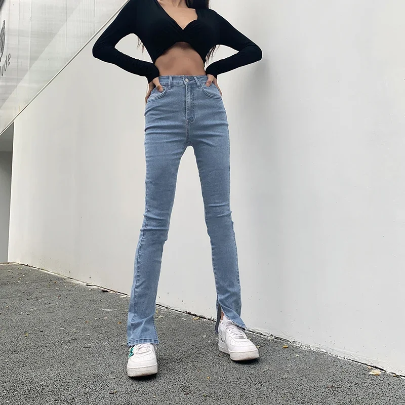 2021 Spring and Autumn Chic High Waist Blue Denim Pants Small Split Slim Thin Flared Jeans Casual Pencil Tight Skinny Trousers vintage trousers denim shorts pants washed women fashion tassel ripped hole tight five point pocket summer thin midi jeans 2022