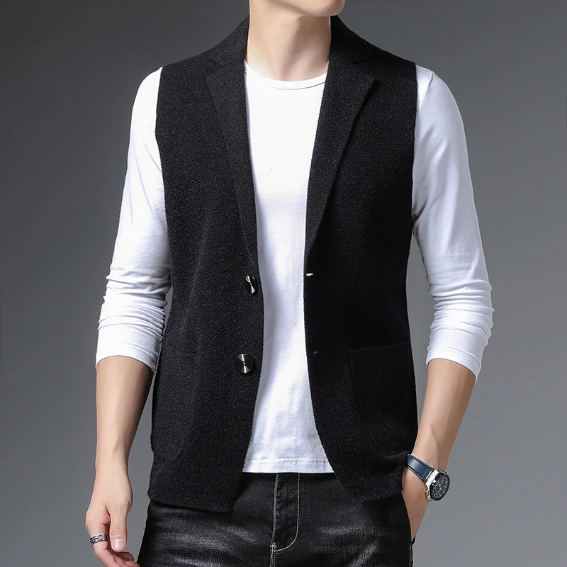 Men's vest wool knitted vest for young and middle-aged casual solid color lapel sleeveless cardigan sweater waistcoat mens knitted jumper