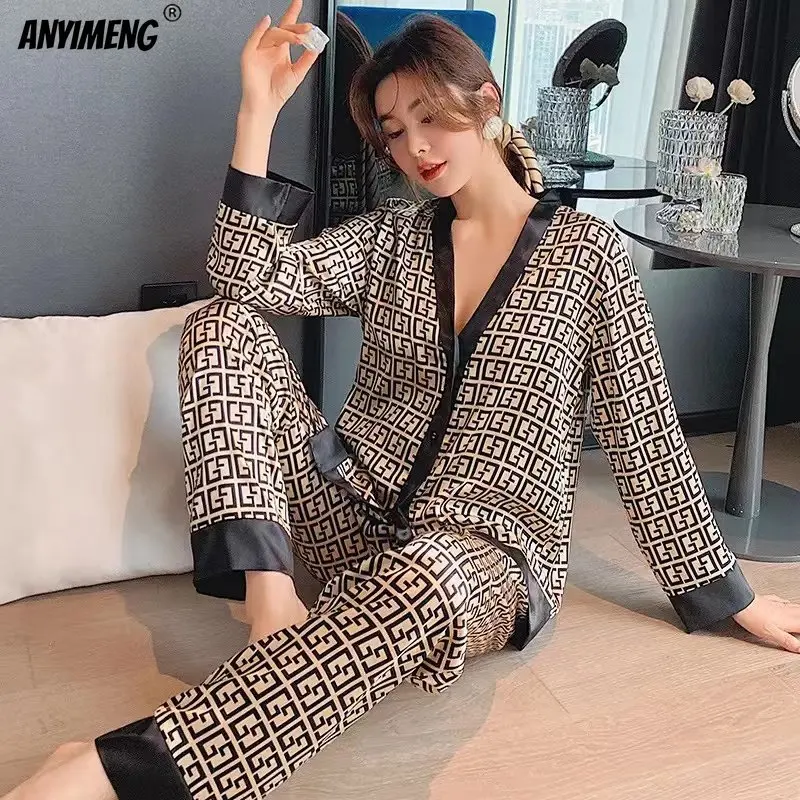 Woman's Luxury Satin Silk Pajamas Set Women Homewear Kimono Thin Pyjama Sexy V-neck Pijamas Female Polyester Sleepwear M-5XL women pajamas pajamas set silk pajamas satin pajama set women pajama set