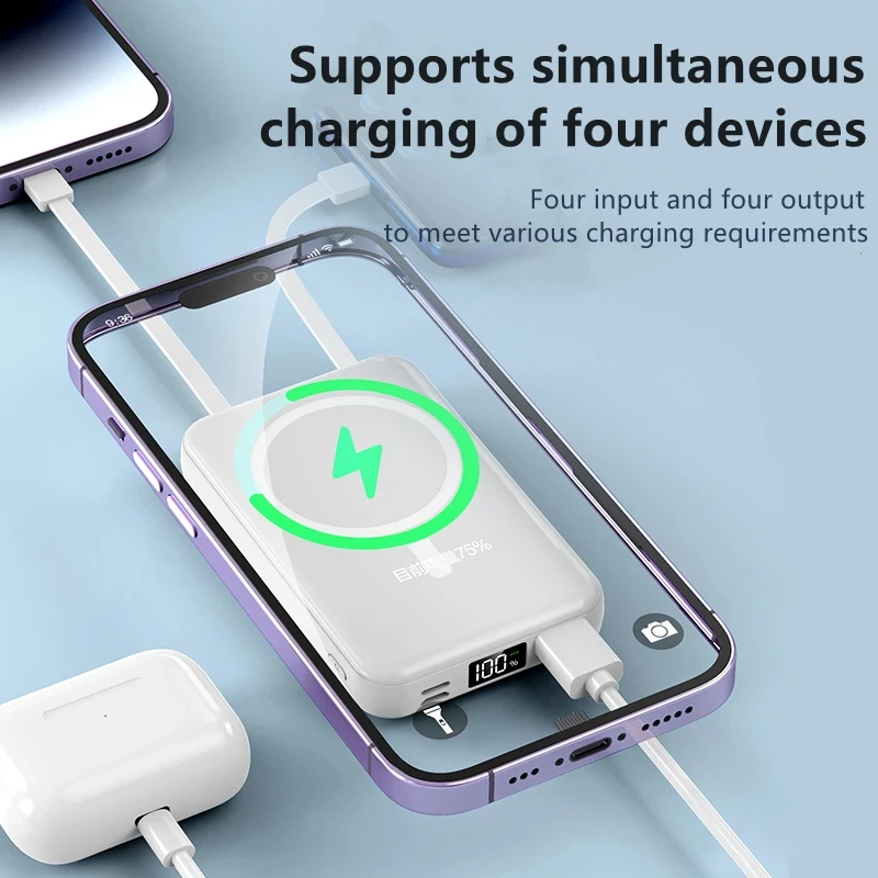 10000mAh Macsafe Power Bank Magnetic Wireless Fast Charger for iPhone 14 13 Samsung Xiaomi Built in Cable Portable Spare Battery