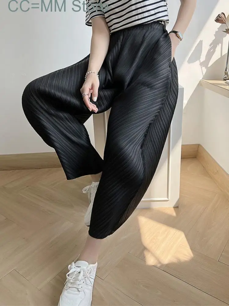 New Pleated Ankle-length Pants For Women Solid Color High Waist Wide Leg Trousers Loose Summer Female Fashion