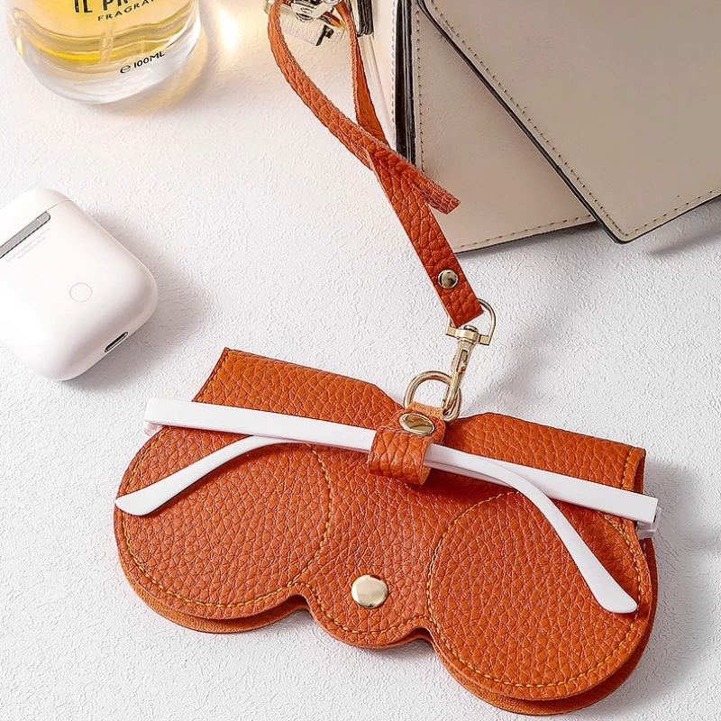 Glasses Case 1pc Cute PU Portable Eyewear Bag with Snap Closure Scratch-Resistant Travel Organizer Litchi Embossed