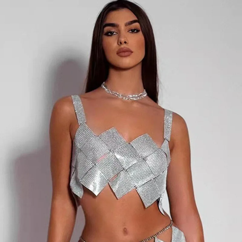 

Women Shiny Crystal Sexy Hollow Out Sleeveless Backless Halter Tank Top Metal Chain Rhinestone Diamond Mini Skirt