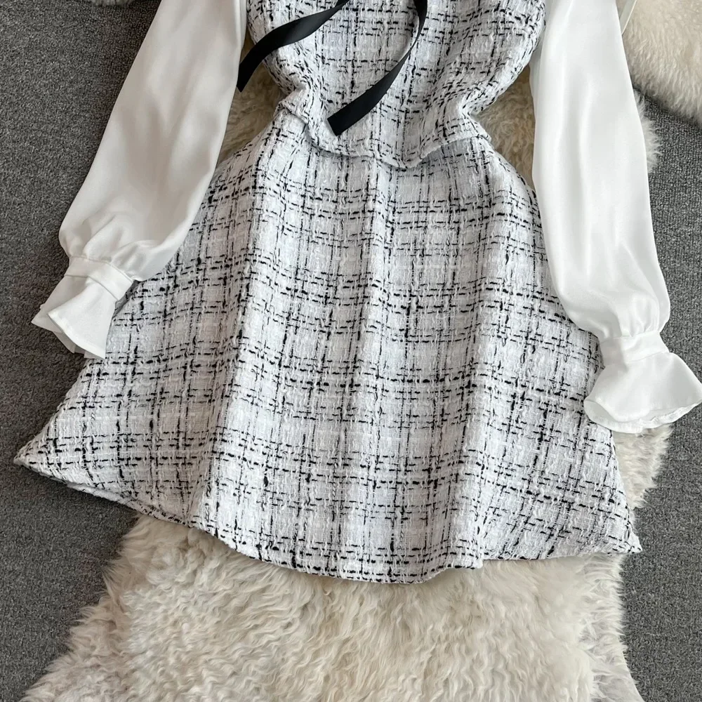 False Two Pieces Dresses for Women Plaid Patchwork Stand Collar Long Sleeve  Tweed Vestidos Autumn Female Dress Dropshipping - AliExpress 200000345