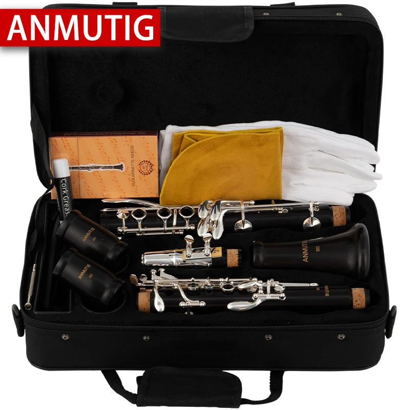 ANMUTIG Ebony Clarinet Bb Silver Plated Buttons 17 Keys Wood Clarinet G52