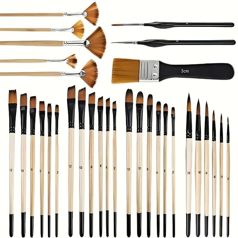 32Pcs 나무 손잡이 그림 브러시 예술가 초보자를위한 부드러운 나일론 Bristles 페인트 브러시 오일 수채화 아크릴 그림