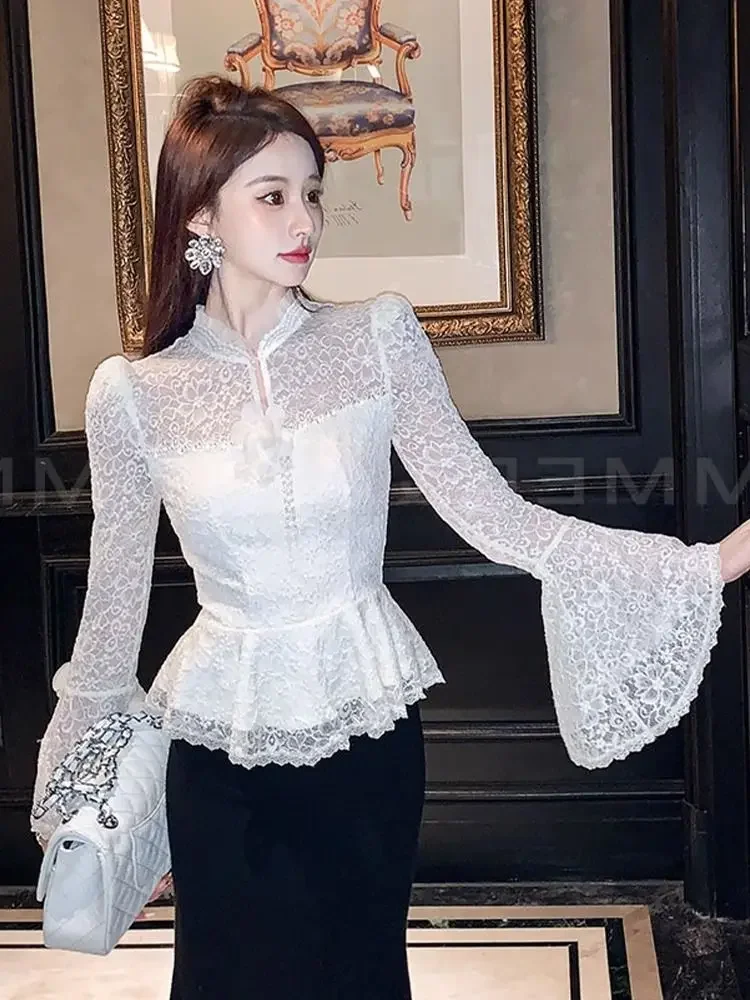 

Skirt Set Paired Autumn Spring Lace Waistband Long Sleeved Shirt Elegant Sexy Celebrity Style Hip Wrap Skirt Women's Clothing