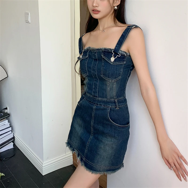 

Vintage Wash Women's Denim Strap Dress Summer New Casual Young Girl Sexy Off Shoulder A-line Female Wrapped Hip Short Dress