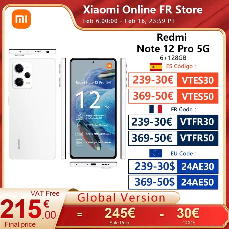 Versione Globale Xiaomi Redmi Note 12 Pro 5G Smartphone 6Gb 128Gb Ois Camera 120Hz Amoled Display Caricatore 67W