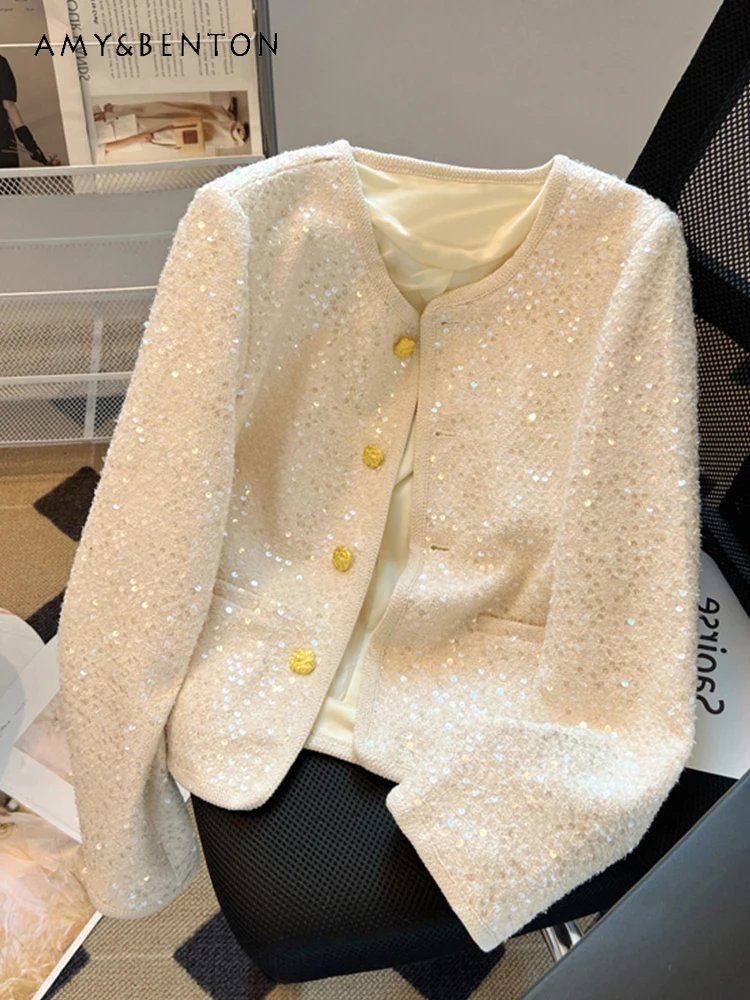 

French Style Temperament High-Grade Sequined Single Breasted Short Jackets Spring New Loose Slim Round Neck Fashion Elegant Coat