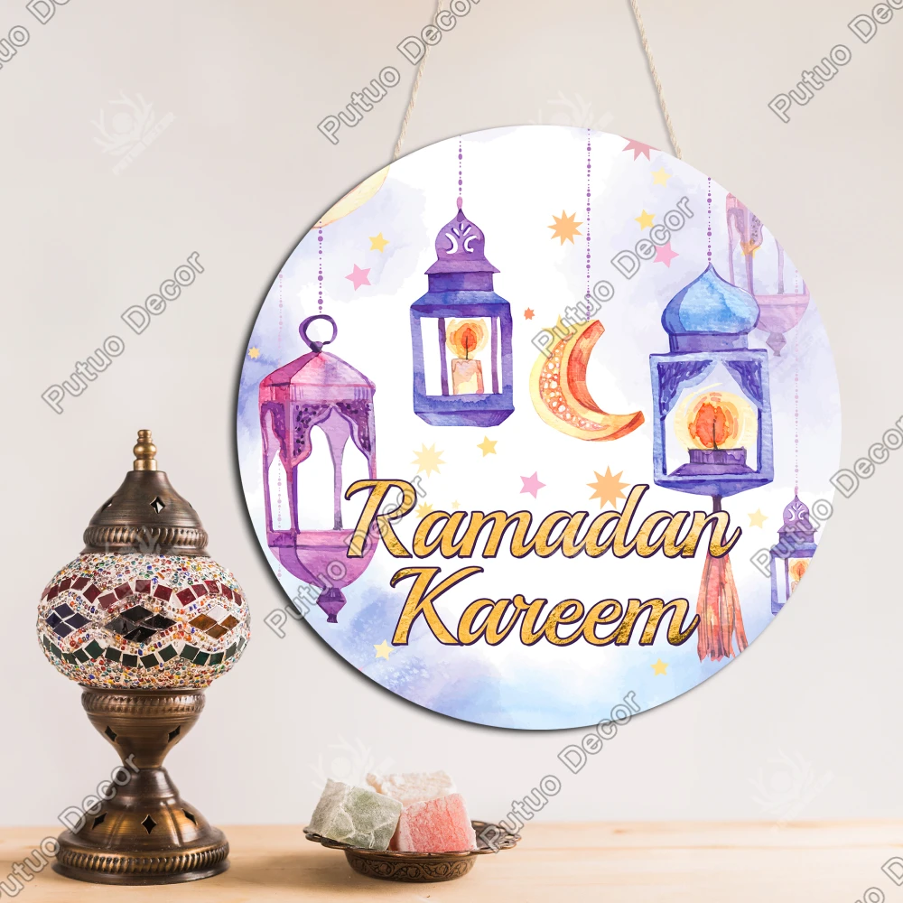 

Putuo Decor 1pc Ramadan Round Wooden Hanging Sign Decor, Wall Decoration for Home Farmhouse bar,Ramadan Gifts