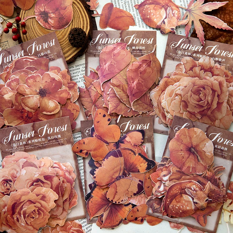 45pcs Fallen Leaves Flowers Stickers Pack Watercolor Plants Scrapbooking Creative Stationary Adhesive Waterproof Decor Stickers