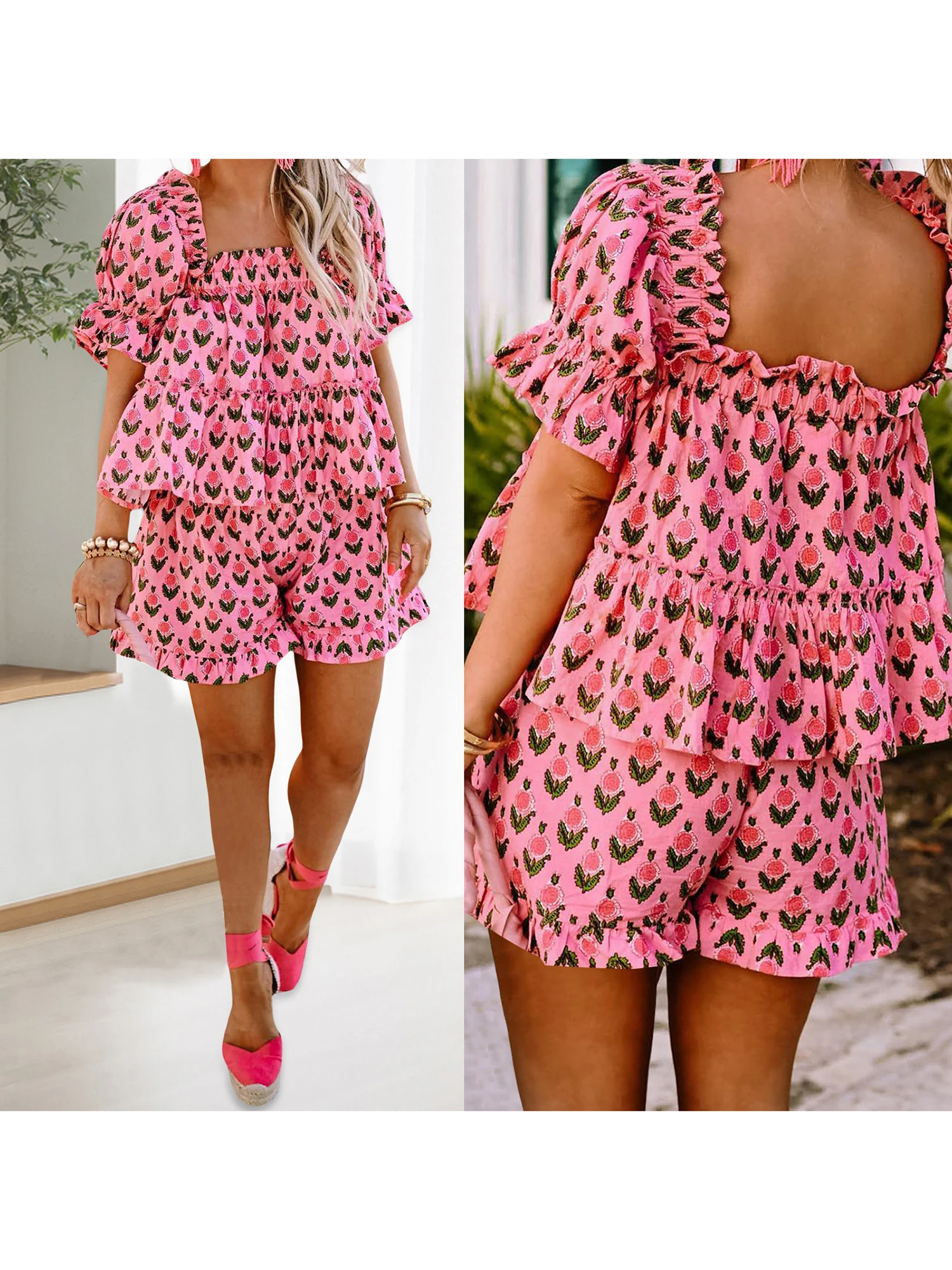 Women s 2 Piece Pajama Set with Lace Trim V-Neck Camisole and Elastic Waist Shorts for Cozy Loungewear and Sleepwear