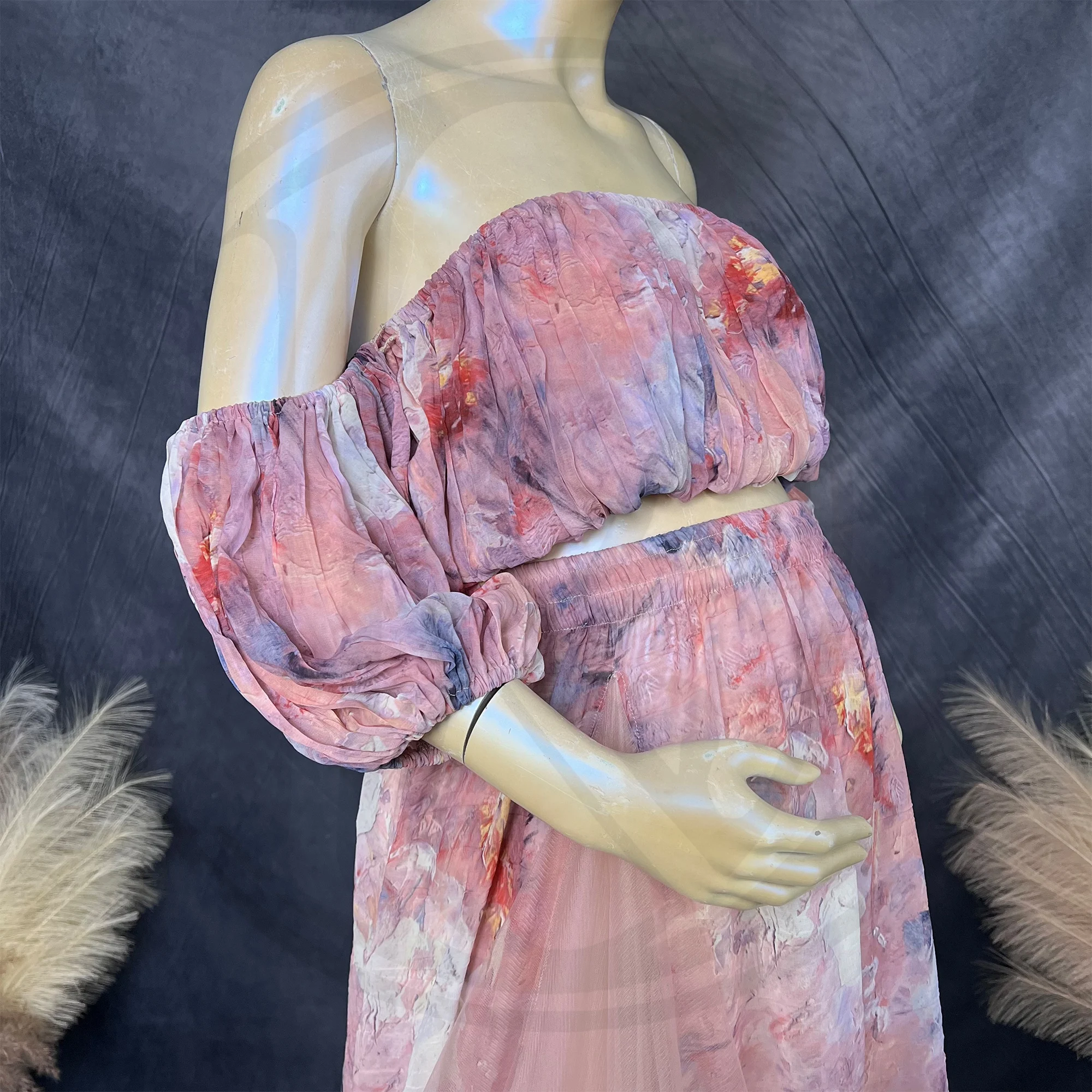 Don&Judy Maternity Dress Photography Off Shoulder Tie Dye Print Side With Tulle Party Wedding Gown Pregnant Women Photoshoot Set
