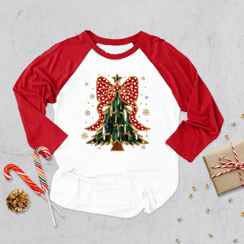 thumbnail image 3 of Camisetas navideñas con estampado de lazo de árbol de Navidad para niños, camisetas de manga larga raglán para niños y niñas, camisetas gráficas para niños, camisetas para fiestas navideñas, regalos, 3 of 5