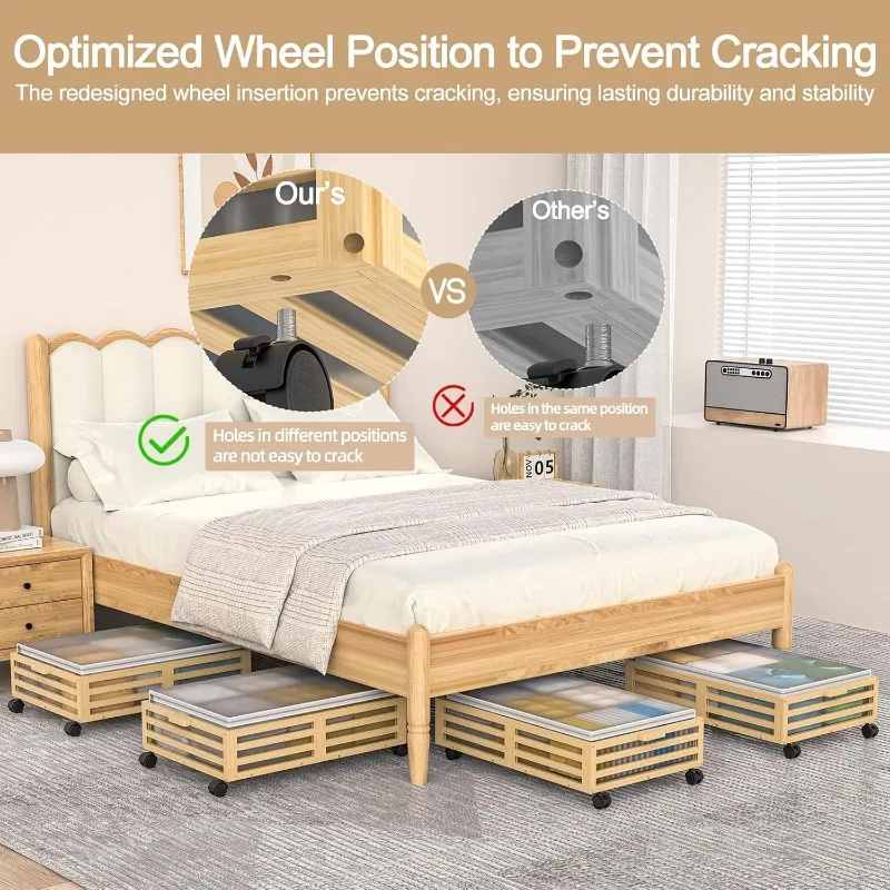 Bamboo Under Bed Storage Containers with Large Dust Bags, Under Bed Storage with Wheels-2 Pcs 4
