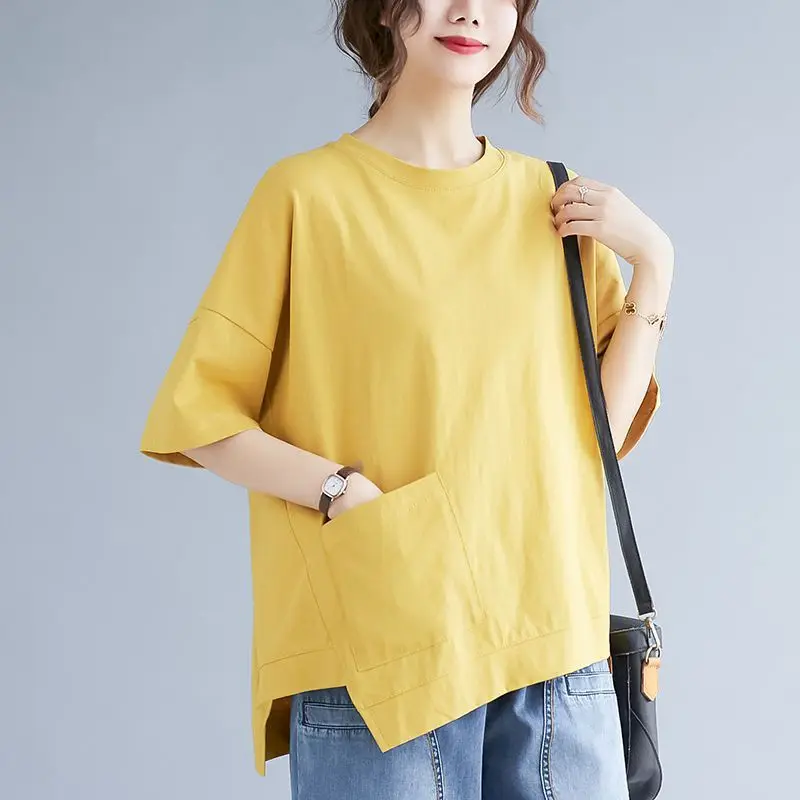 98% Cotton T Shirts Women Art Irregular Design Solid Color T