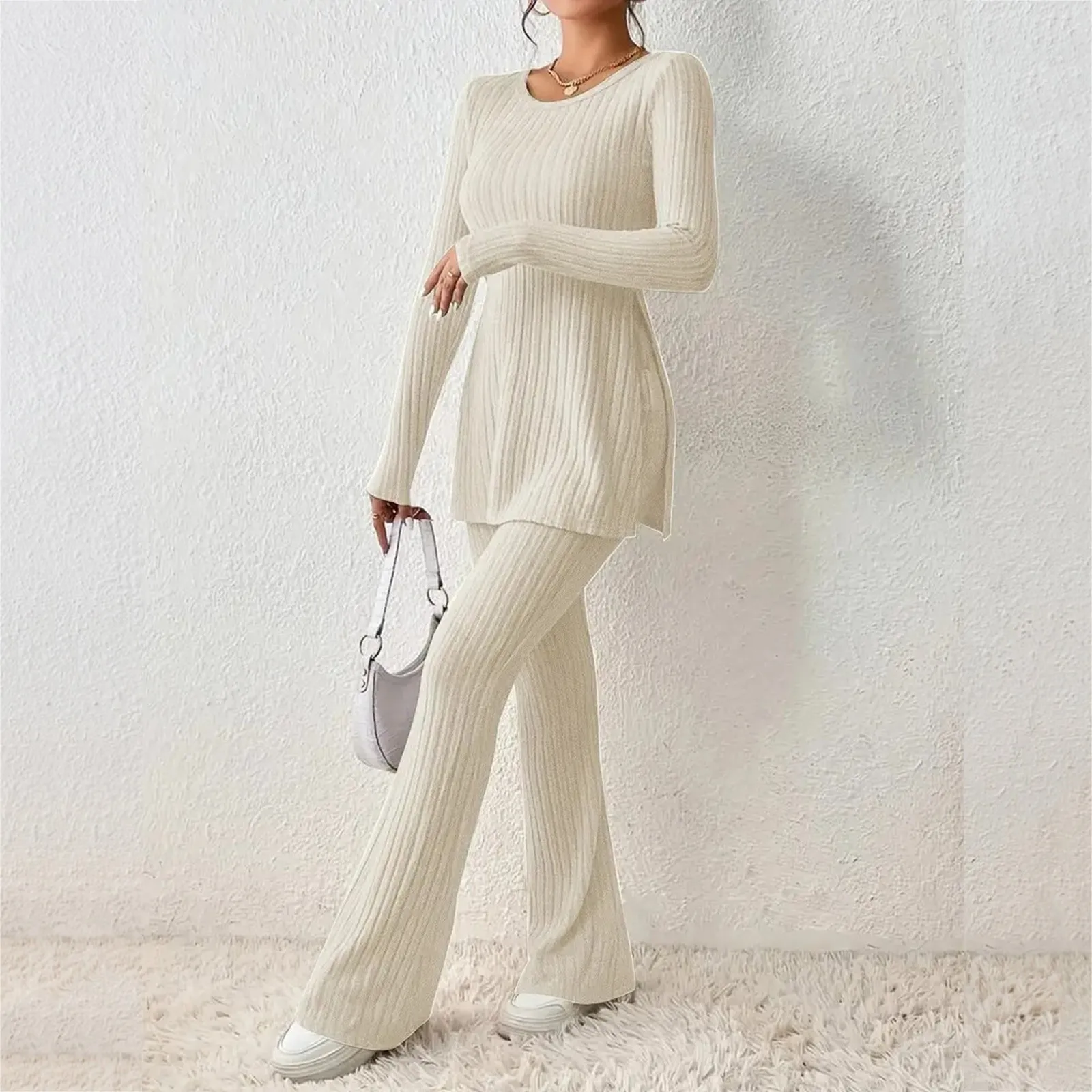 Women's Solid Color Long Top & Side Slit Pants Set main image 0