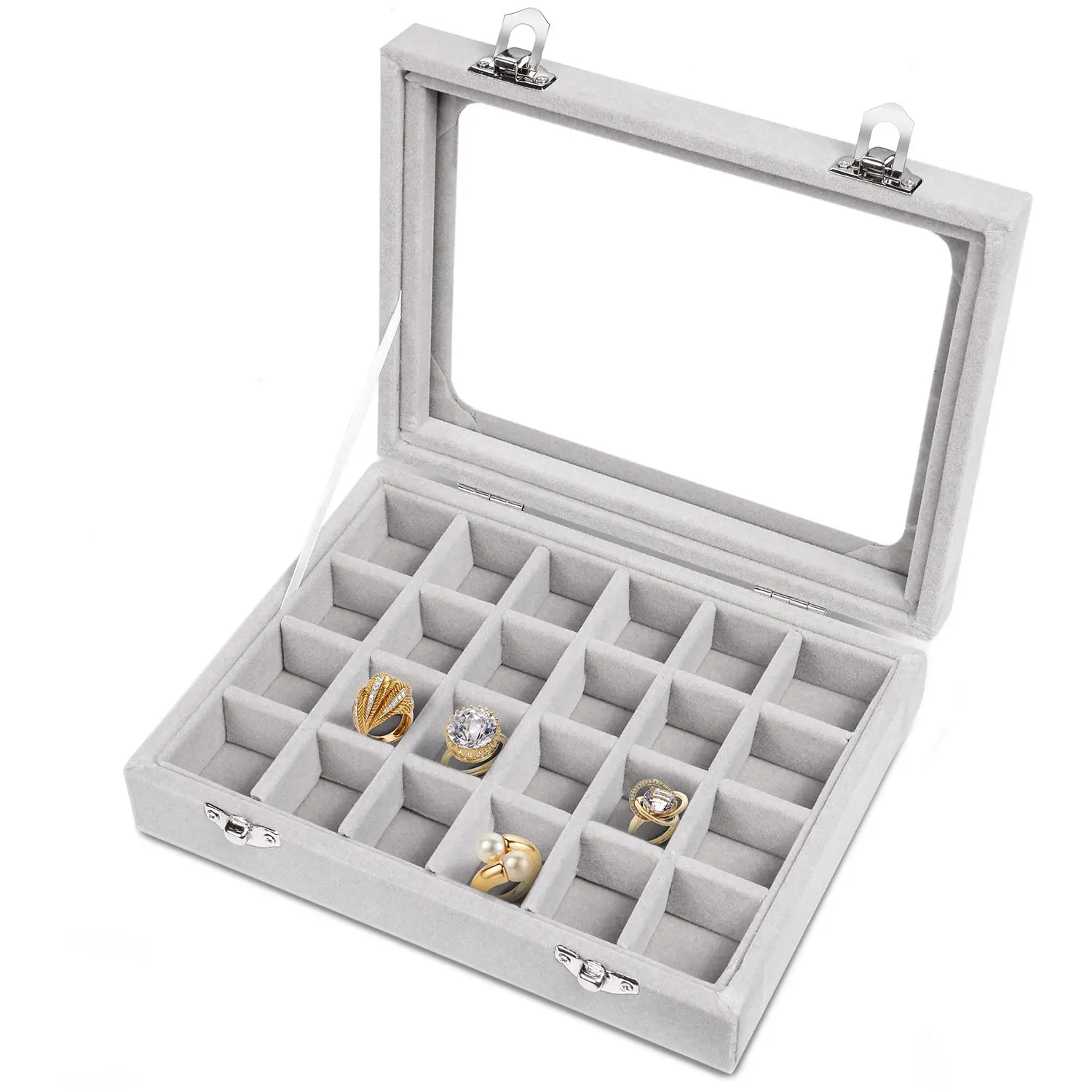 Boîte à Bijoux En Velours à 24 Emplacements Pour Bagues, Boucles D'oreilles (D Gris Clair
