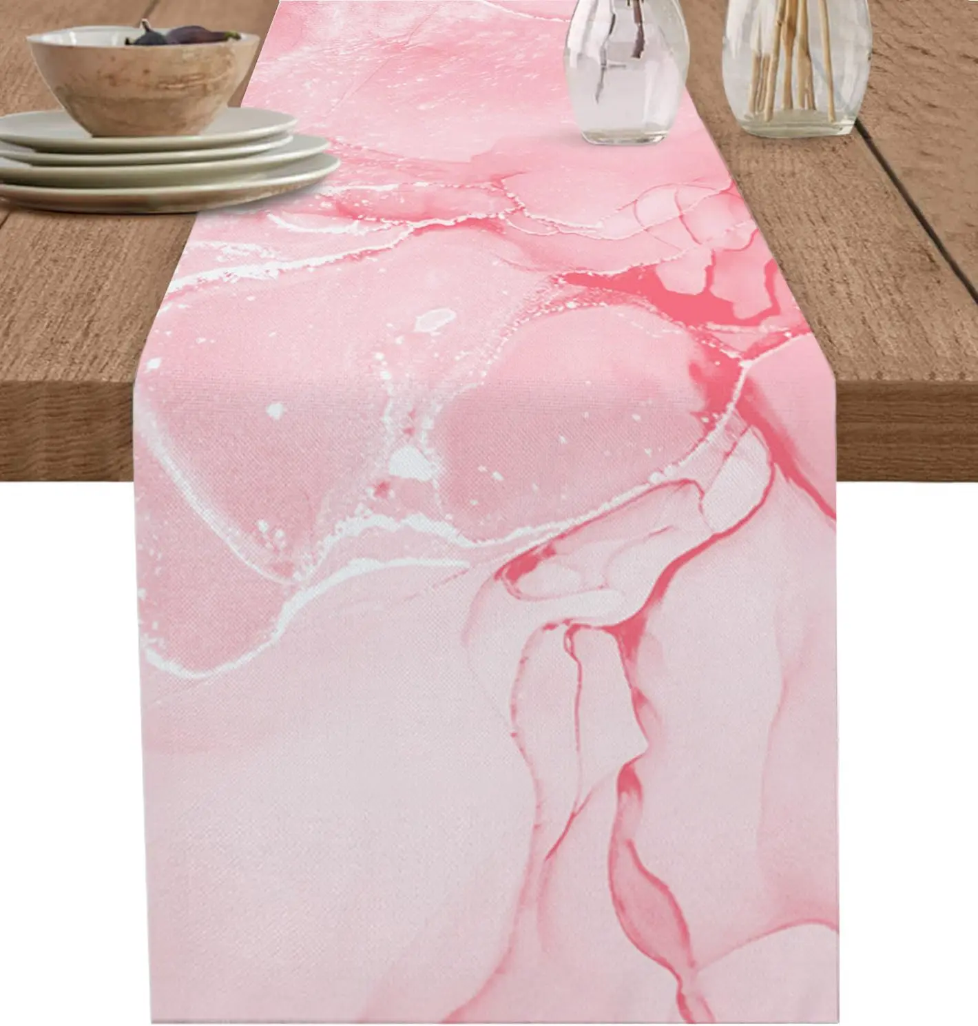 

Modern Marble Linen Table Runner Abstract Blush Pink Silver Contemporary Art Table Runner Living Room Dinner Wedding Party Decor