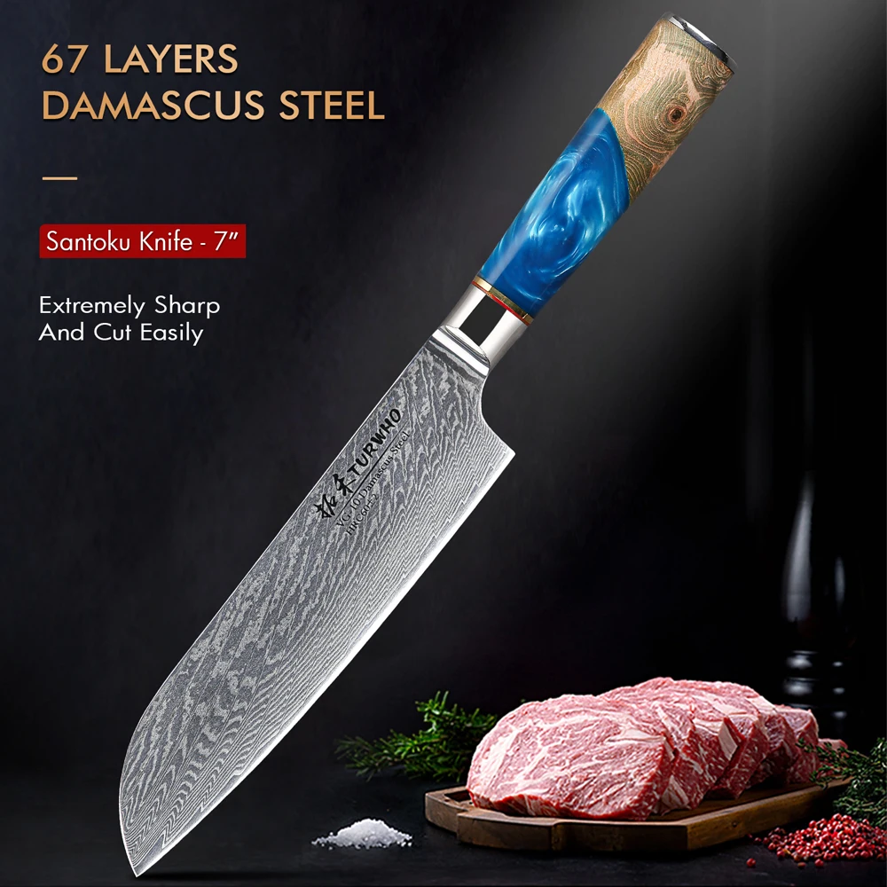 

TURWHO 7” Santoku Knives 67 Layer Damascus Steel Chef's Sharp Blade Kitchen Fish Slicing Knife Cooking Resin Colored Wood Handle