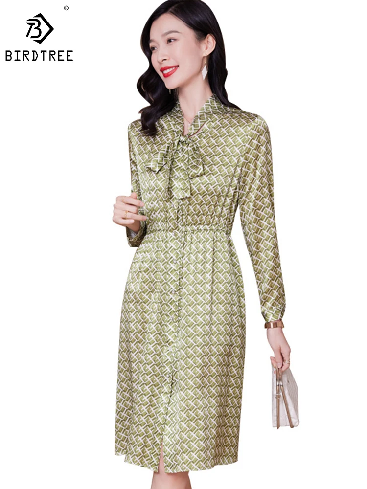 

Женское платье-трапеция из натурального шелка с v-образным вырезом и бантом с длинным рукавом и принтом Birdtree, 91.2%, лето 2024, D41111QD