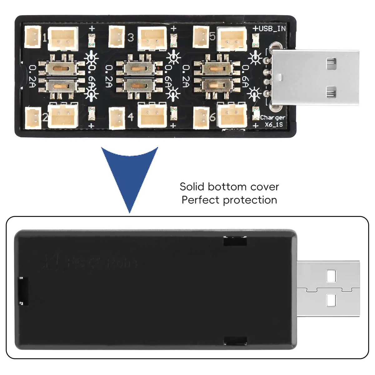 Chargeur USB 6 canaux LiPo 1S 3.7V/4.20V Micro-JST 1.25 JST-PH 2.0