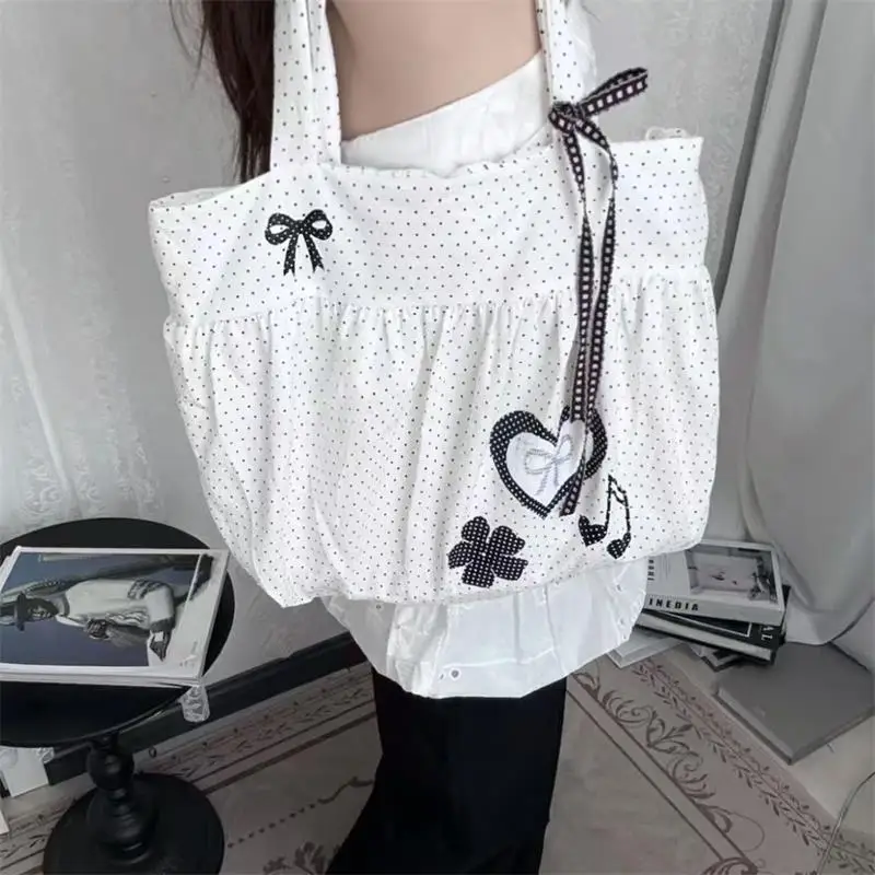 Borsa a Tracolla Coreana a Pois con Design a Fiocco e Cuore, Borsa da Donna alla Moda per il Lavoro, Borsa a Mano Retrò con Chiusura Magnetica a Contrasto - immagine 4